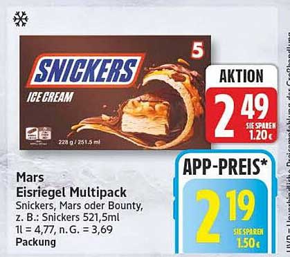 Mars Eisriegel Multipack Snickers, Mars oder Bounty, z. B. Snickers 521,5ml 1L = 4,77, n. G. = 3,69 Packung