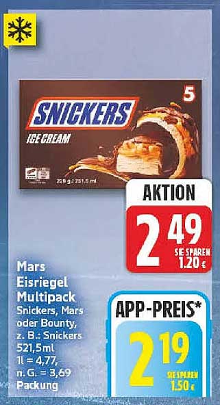 Mars Eisriegel Multipack Snickers, Mars oder Bounty, z. B. Snickers 5x21,5 ml 1l = 4,77, n. G. = 3,69 Packung