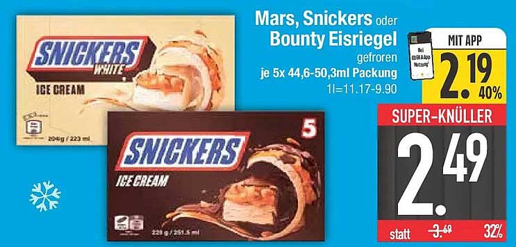 Mars, Snickers oder Bounty Eisriegel gefroren