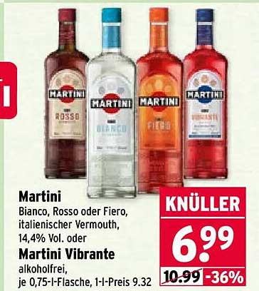 Martini Bianco, Rosso oder Fiero, italienischer Vermouth, 14,4% Vol. oder Martini Vibrante alkoholfrei, je 0,75-l-Flasche, 1-l-Preis 9.32