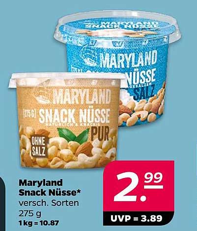 Maryland Snack Nüsse* versch. Sorten 275 g 1 kg = 10.87