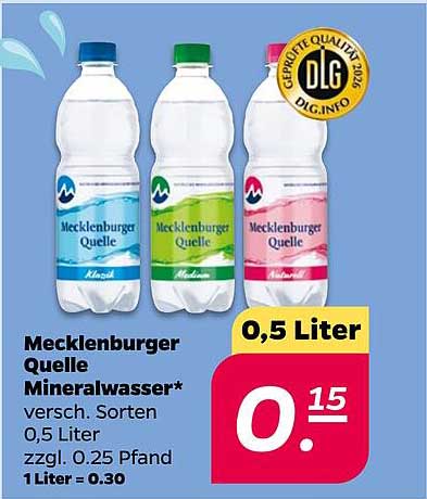 Mecklenburger Quelle Mineralwasser* versch. Sorten 0,5 Liter zzgl. 0.25 Pfand 1 Liter = 0.30
