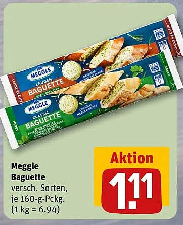 Meggle Baguette versch. Sorten, je 160-g-Packg. (1 kg = 6.94)