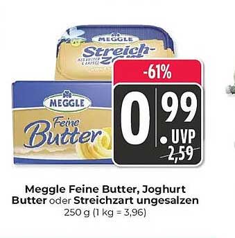 Meggle Feine Butter, Joghurt Butter oder Streichzart ungesalzen 250 g (1 kg = 3,96)