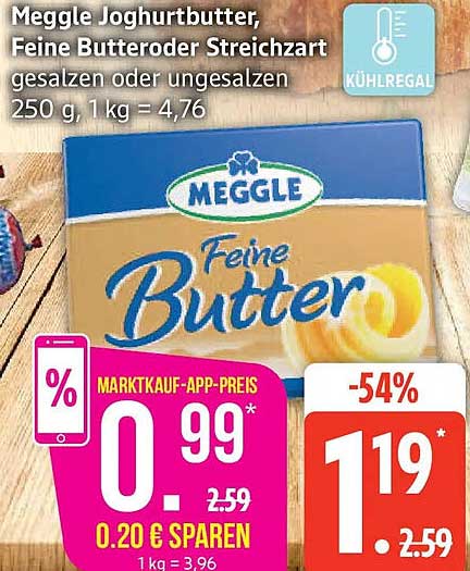 Meggle Joghurtbutter, Feine Butter oder Streichzart gesalzen oder ungesalzen 250 g, 1 kg = 4,76