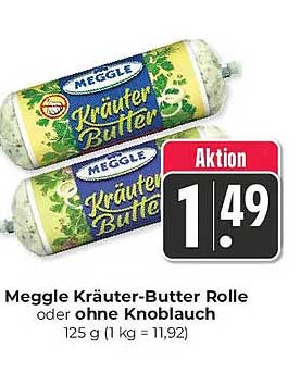 Meggle Kräuter-Butter Rolle oder ohne Knoblauch 125 g (1 kg = 11,92)