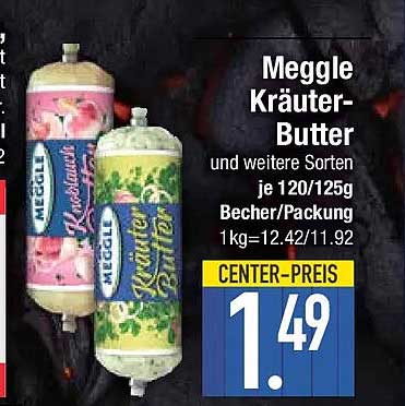 Meggle Kräuter-Butter und weitere Sorten je 120/125g Becher/Packung 1kg=12,42/11,92