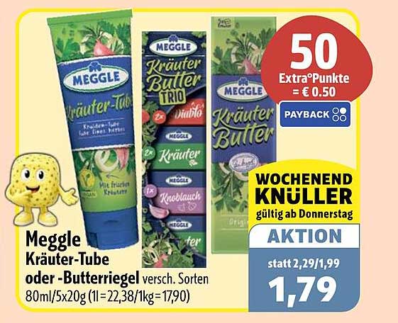 Meggle Kräuter-Tube oder -Butterriegel versch. Sorten 80ml/5x20g (1l=22,38/lkg=17,90)