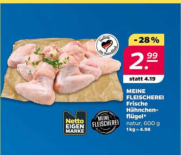 MEINE FLEISCHEREI Frische Hähnchen-flügel* natur, 600 g 1kg = 4.98