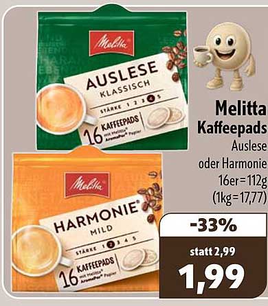 Melitta Kaffeepads Auslese oder Harmonie 16er=112g (1kg=17,77)