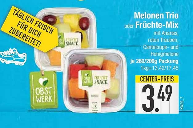 Melonen Trio oder Früchte-Mix mit Ananas, roten Trauben, Cantaloupe- und Honigmelone je 260/200g Packung