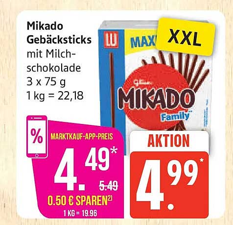 Mikado Gebäcksticks mit Milchschokolade 3 x 75 g 1 kg = 22,18 XXL