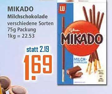 MIKADO Milchschokolade verschiedene Sorten 75g Packung 1kg = 22.53