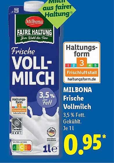 MILBONA Frische Vollmilch 3,5 % Fett. Gekühlt. Je 1 l