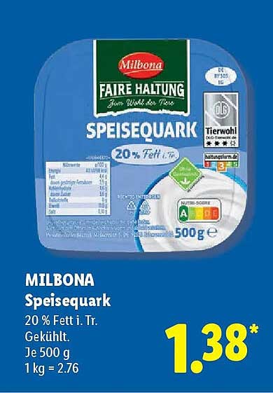 MILBONA Speisequark 20 % Fett i. Tr. Gekühlt. Je 500 g 1 kg = 2.76