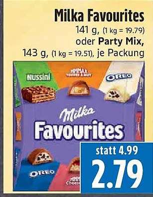 Milka Favourites 141 g (1 kg = 19,79) oder Party Mix, 143 g, (1 kg = 19,51), je Packung