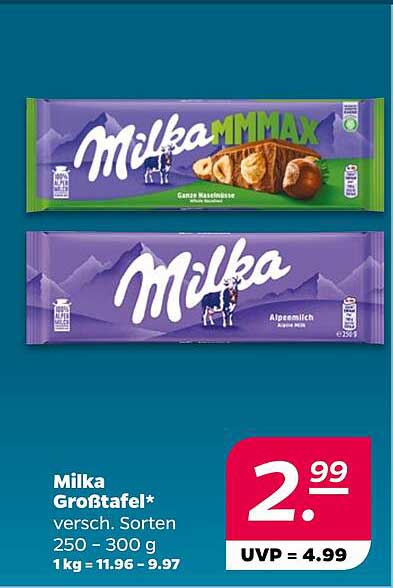 Milka Großtafel* versch. Sorten 250 – 300 g 1 kg = 11.96 - 9.97