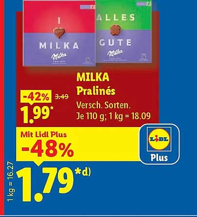 MILKA Pralinés Versch. Sorten. Je 110 g; 1 kg = 18.09