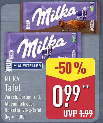 MILKA Tafel Versch. Sorten, z. B. Alpenmilch oder Noisette; 90-g-Tafel (kg = 11.00)