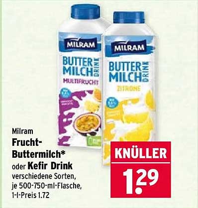 Milram Frucht-Buttermilch* oder Kefir Drink verschiedene Sorten, je 500-750-ml-Flasche, 1-l-Preis 1.72