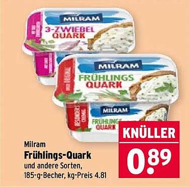 Milram Frühlings-Quark und andere Sorten, 185-g-Becher, kg-Preis 4.81