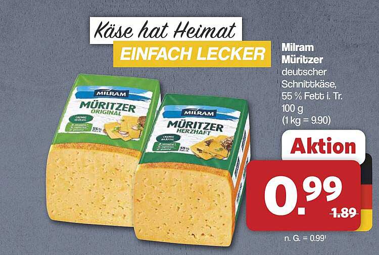 Milram Müritzer deutscher Schnittkäse, 55 % Fett i. Tr. 100 g (1 kg = 9.90)