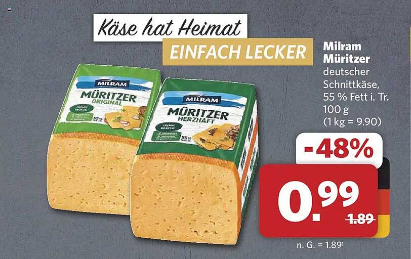 Milram Müritzer deutscher Schnittkäse, 55 % Fett i. Tr., 100 g