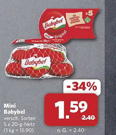 Mini Babybel versch. Sorten 5 x 20-g-Netz (1 kg = 15.90)