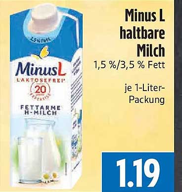 Minus L haltbare Milch 1,5 %/3,5 % Fett je 1-Liter-Packung