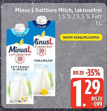MinusL haltbare Milch, laktosefrei 1,5 % / 3,5 % Fett 1 L