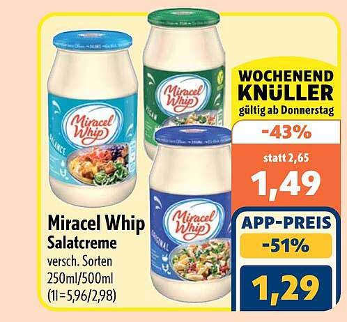 Miracel Whip Salatcreme versch. Sorten 250ml/500ml (1l=5,96/2,98)