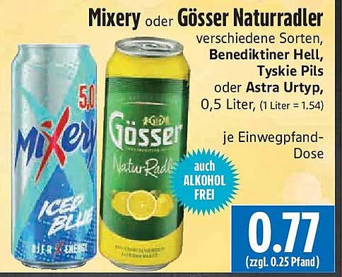Mixery oder Gösser NaturRadler verschiedene Sorten, Benediktiner Hell, Tyskie Pils oder Astra Urtyp, 0,5 Liter, (1 Liter = 1.54) je Einwegpfand-Dose