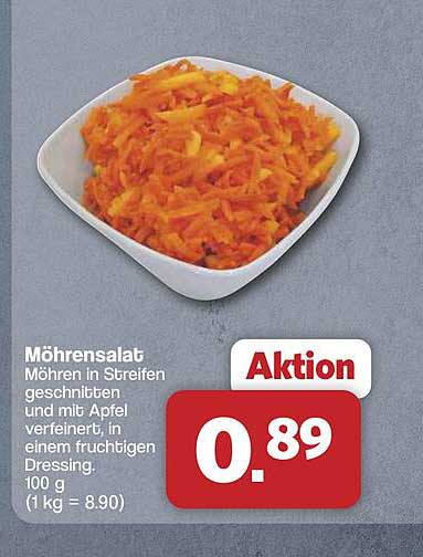 Möhrensalat Möhren in Streifen geschnitten und mit Apfel verfeinert, in einem fruchtigen Dressing. 100 g (1 kg = 8.90)