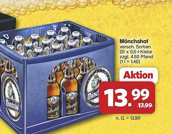Mönchshof versch. Sorten 20 x 0,5-l-Kiste zzgl. 4,50 Pfand (1 l = 1.40)