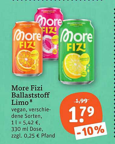 More Fizi Ballaststoff Limo 8 vegan, verschiedene Sorten, 1 l = 5,42 €, 330 ml Dose, zzgl. 0,25 € Pfand