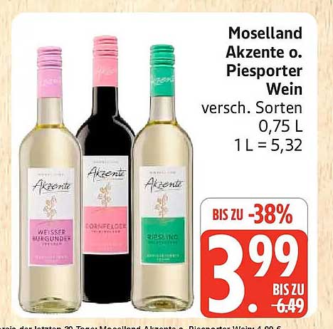 Moselland Akzente o. Piesporter Wein versch. Sorten 0,75 L 1 L = 5,32