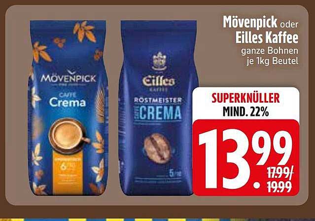 Mövenpick oder Eilles Kaffee ganze Bohnen je 1kg Beutel