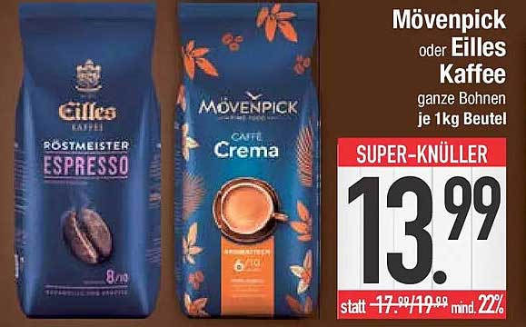 Mövenpick oder Eilles Kaffee ganze Bohnen je 1kg Beutel
