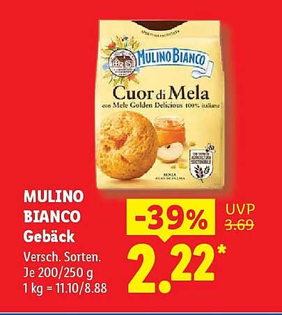 MULINO BIANCO Gebäck Versch. Sorten. Je 200/250 g 1 kg = 11.10/8.88