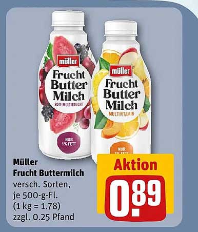 Müller Frucht Buttermilch versch. Sorten, je 500-g-Fl