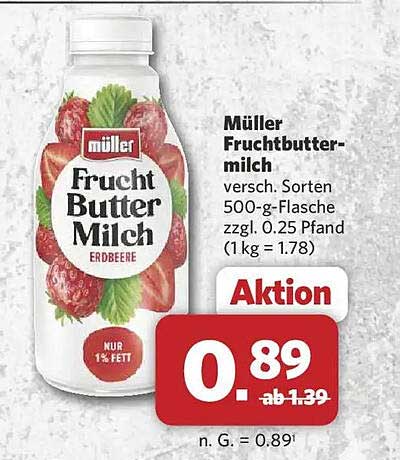 Müller Fruchtbuttermilch versch. Sorten 500-g-Flasche zzgl. 0.25 Pfand (1kg = 1.78)