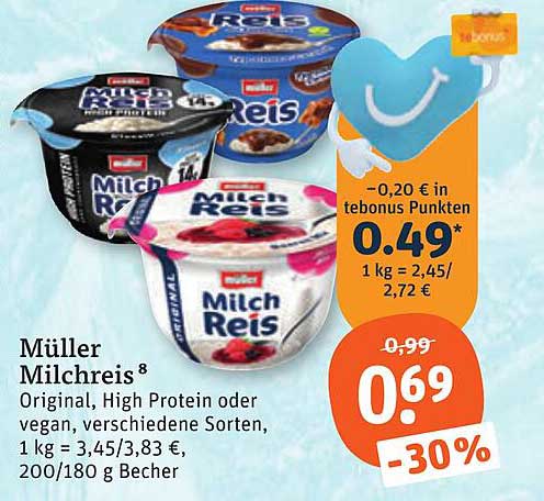 Müller Milchreis Original, High Protein oder vegan, verschiedene Sorten, 1 kg = 3,45/3,83 €, 200/180 g Becher