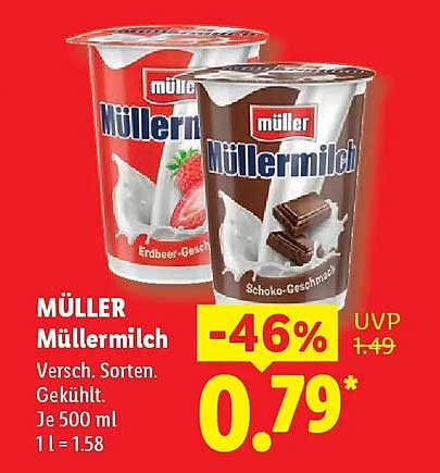 MÜLLER Müllermilch Versch. Sorten. Gekühlt. Je 500 ml 1 l = 1.58