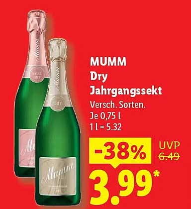 MUMM Dry Jahrgangssekt Versch. Sorten. Je 0,75 l 1 l = 5.32
