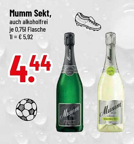 Mumm Sekt, auch alkoholfrei je 0,75l Flasche 1l = € 5,92