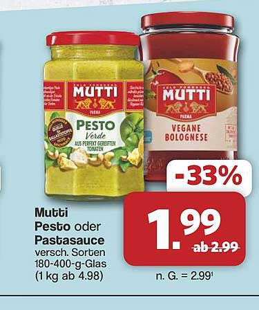 Mutti Pesto oder Pastasauce versch. Sorten 180-400-g-Glas (1 kg ab 4.98)
