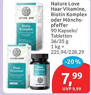 Nature Love Haar Vitamine, Biotin Komplex oder Mönchspfeffer 90 Kapseln/Tabletten 36/35 g 1 kg = 221,94/228,29