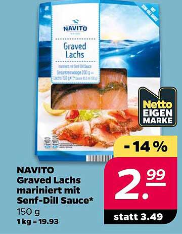 NAVITO Graved Lachs mariniert mit Senf-Dill Sauce* 150 g 1 kg = 19.93