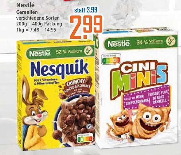 Nestlé Cerealien verschiedene Sorten 200g - 400g Packung 1kg = 7.48 - 14.95