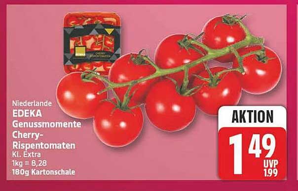 Niederlande EDEKA Genussmomente Cherry-Rispentomaten Kl. Extra 1kg = 8,28 180g Kartonschale